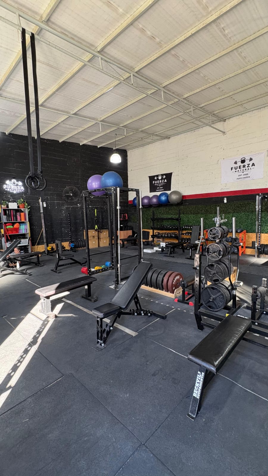Equipamiento real de Fuerza Natural: racks, bancos, kettlebells y pelotas